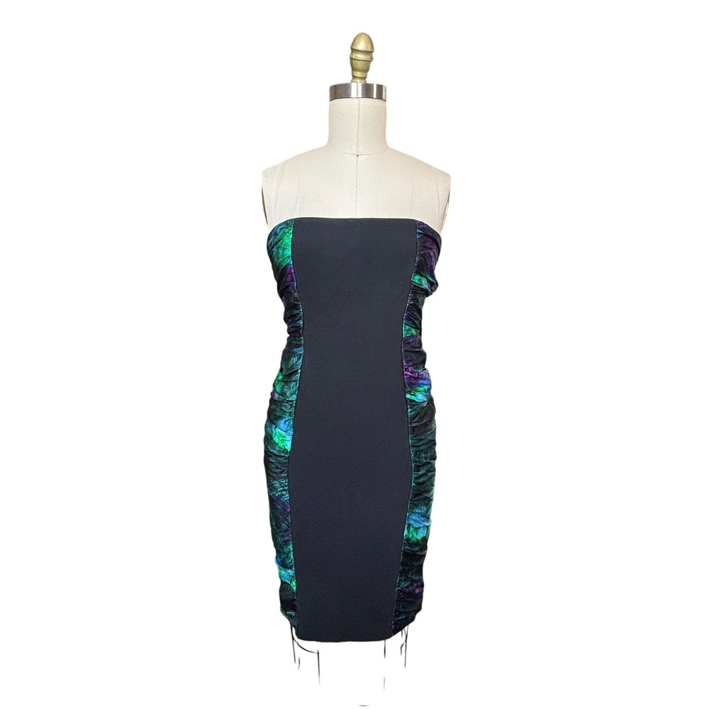 Cocktail Party Carmen Marc Valvo Dress Strapless Silk Ruched Print 2 Black